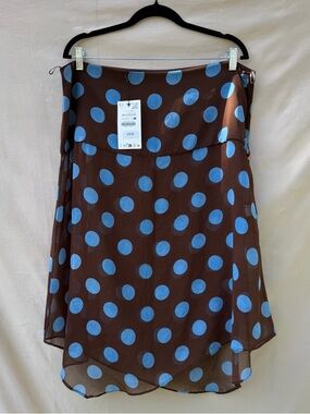 NWT Zara Brown Blue Polka Dot Sheer Asymmetrical Midi Skirt XXL Plus Size